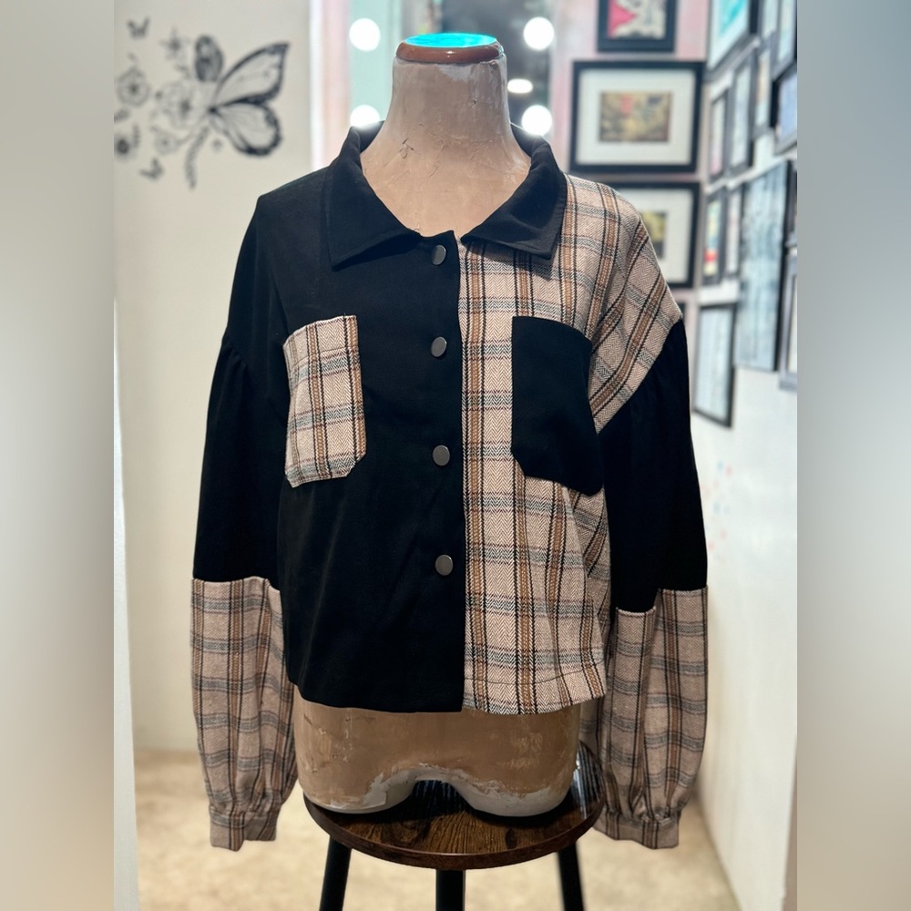 Colorblock Plaid Patchwork Button-Up Soft Grunge … - image 2